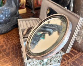 Antique silver plate vanity mirror jewelry stand