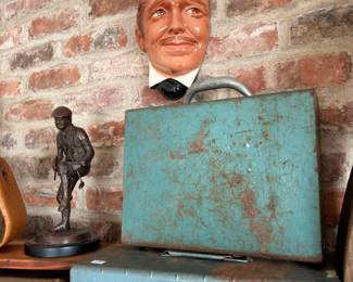 Clark Gable bust, vintage metal toolboxes, bronze figure