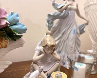 Lladro style porcelain figurines, lady with dove, girl with cat