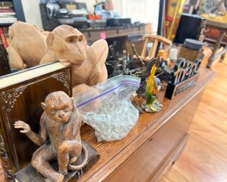 Carved wood monkey figures and bookends