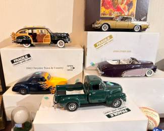 Danbury Mint style diecast model cars, 1942 Chrysler, signed baseballs