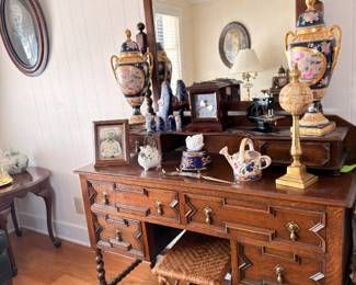 Antique barley twist writing desk, Sevres style urns