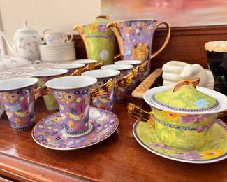 Hand painted demitasse coffee set with gold handles