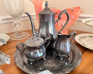 Silver plate tea service with coffee pot, creamer, sugar, tray