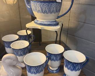 vintage Bombay Company porcelain tea set featuring a blue and white arabesque tile pattern with platinum trim.
