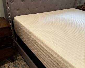 King sized barely used gray flannel bed frame with king sized mattress / perfect condition 