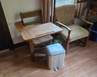 Antique school desk and Aluminum Magikan Trash can.