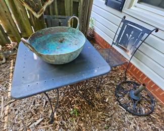 Copper Bowl and Small Metal Table & Chairs