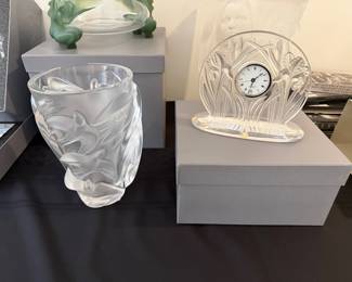 Rare Lalique "Iris" Clock, New in Box
