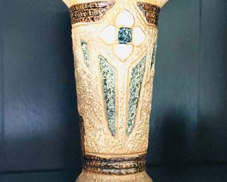 vintage Roseville Pottery "Mostique" piece featuring an Arts & Crafts design with textured tan clay, mosaic-style flower