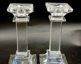 (2) Stickered Mikasa Glass 6” Candle Holders