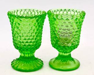 (2) vintage green glass pedestal Hobnail votive candle holders