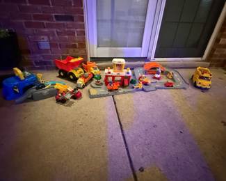 Little People Discovery Airport (Vtg), Little People DC Super Friends Batcave / Batmobile Fold-Out Track, Lil' Movers School Bus, Construction Vehicles