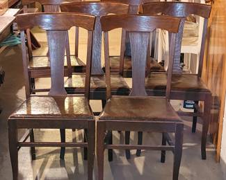 6 antique oak T-back chairs w/original leather seats & finish
