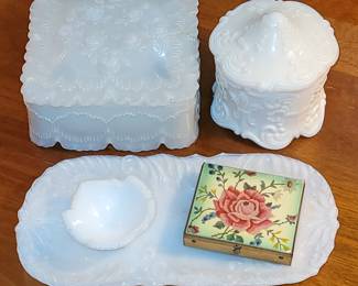 milk glass dresser set