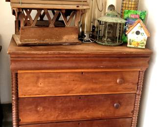 antique dresser & several bird feeders