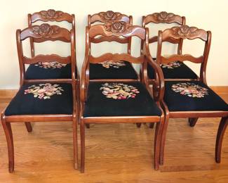 6 cherry wood rose carved chairs w/needlepoint seats