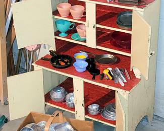 Hand made child's cupboard & various toy dishes
