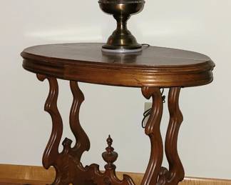 Victorian oval walnut table & Aladdin type lamp
