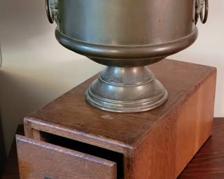 antique Brass planter/Urn with lions heads / Weis oak file drawer