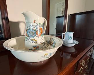 Antique White Floral Porcelain Wash Stand Set Pitcher & Bowl