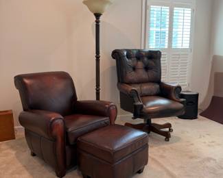 Pottery Barn Manhattan roll arm leather armchair and ottoman set & Leather swivel office chair