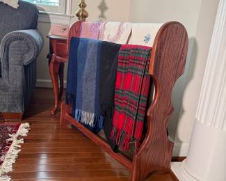 Wooden quilt rack, blankets, quilts