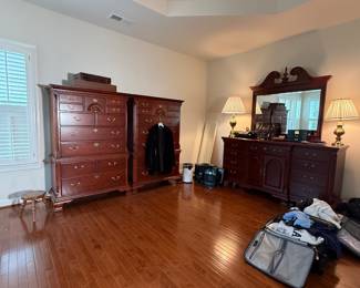 Thomasville cherry wood 2 Tall Chests , dresser and mirror