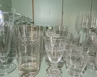Vintage Etched Floral Leaf Pattern Crystal Stemware