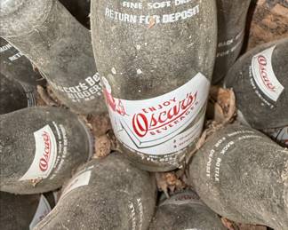 Vintage Oscar's Beverages Soda Bottles in Wooden Crate