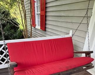 Wooden Porch Swing Style with Red Cushion