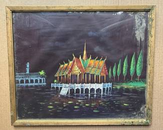 Thai Temple and Royal Barge Velvet Paintings
