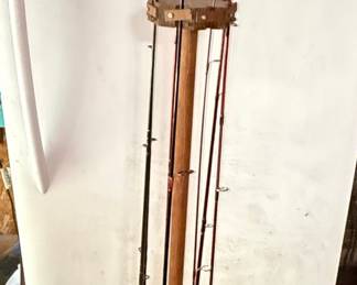 Fishing Rod and Reel Collection with Wooden Floor Stand