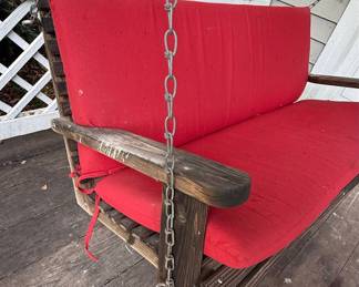 Wooden Porch Swing Style with Red Cushion