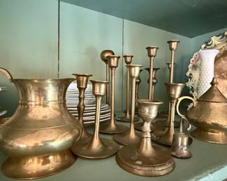 Collection of Brass Candlesticks and Vessels