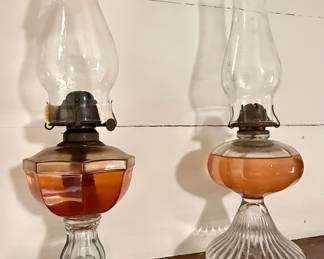 Pair of Amber Glass Oil Lamps Style