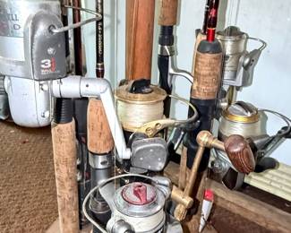 Fishing Rod and Reel Collection with Wooden Floor Stand