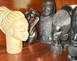Collection of African Style Carved Wood Figures, including Busts and Full Figures