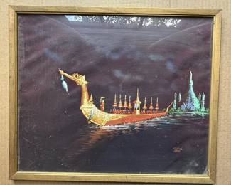 Thai Temple and Royal Barge Velvet Paintings