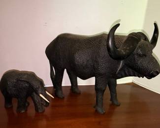Hand-Carved African Buffalo and Elephant Figurines