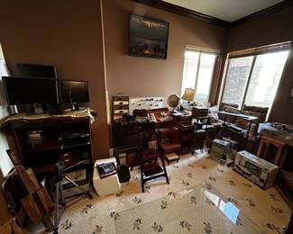 Library steps, wooden shelves & storage, printer, monitors