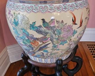 Large Chinese Porcelain Fish Bowl Planter with Wooden Stand, Floral & Bird Motif.