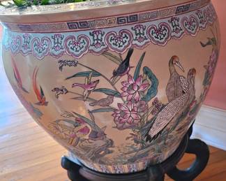 Large Chinese Porcelain Fish Bowl Planter with Wooden Stand, Floral & Bird Motif.