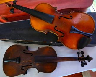 2 Old Stradivarius Violins with old cases - Old copies, both have labels inside.