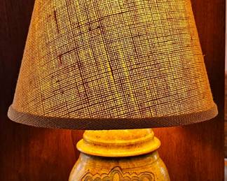 MCM pottery table lamp with textured, earthy glaze & conical woven fabric shade.