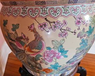 Large Chinese Porcelain Fish Bowl Planter with Wooden Stand, Floral & Bird Motif.