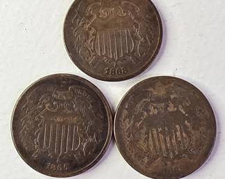174 Lot 28 1865 and 2 1868 U.S. 2 Cents Coins