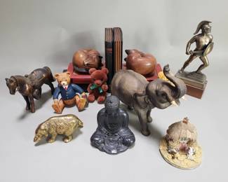 Lot # : 303 - Box of miscellaneous brass, composite, and wood figurines, cat bookends, etc