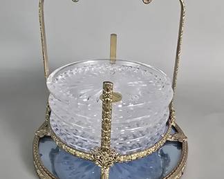 Lot # : 39 - Set of vintage crystal coasters with brass caddy