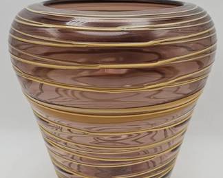 152 Lot 597h Vintage handblown threaded amber art glass vase